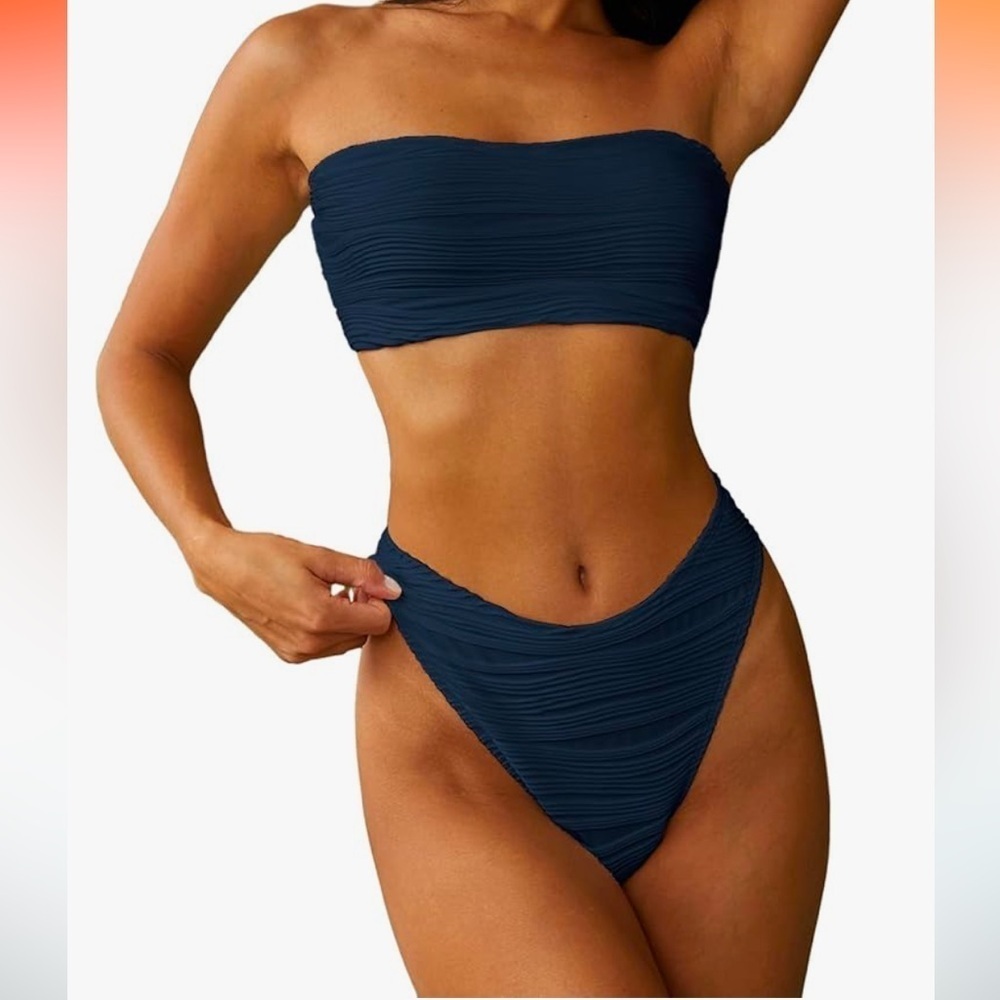 NWT ZAFUL Strapless Wave Bandeau Bikini 2 Piece Cheeky Solid Lace up medium